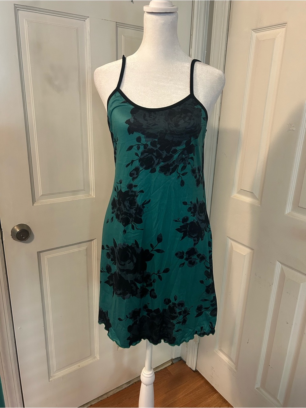 Silky Floral Slip Dress in Teal & Black